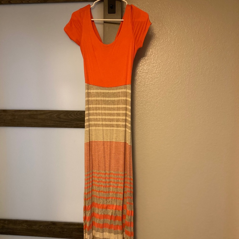 Coral and grey striped maxi dress